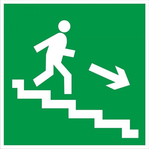 Знак эвакуации Направление к эвакуационному выходу по лестнице вниз правосторонний E 13